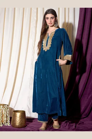 indo street Ethnic Motifs Yoke Design Round Neck Thread Work Velvet Kurta with Trousers