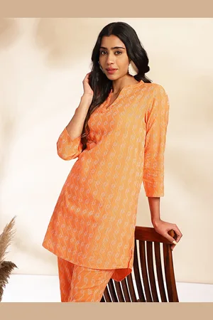 Janasya Woven Design Mandarin Collar Pure Cotton Tunic With Trousers