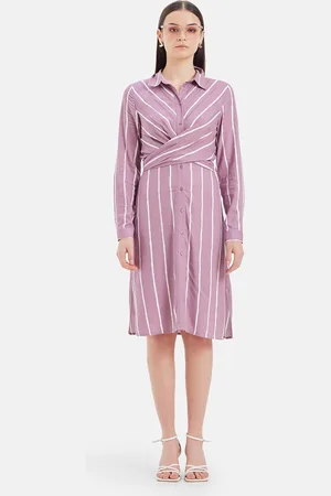 Kazo Striped Shirt Collar Cuffed Sleeves Shirt Dress