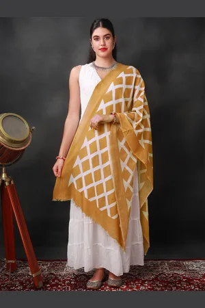 Exotic India Caramel Woolen Stole with White Diamond Pattern