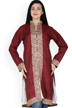 Exotic India Apple Butter Pure Silk Long Jacket with Aari Embroidered Border