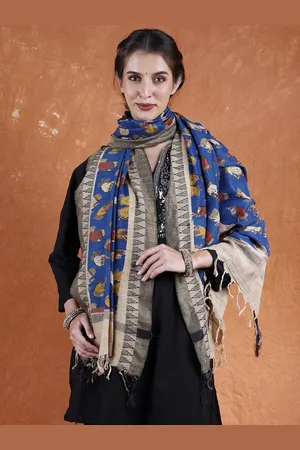 Exotic India Imperial Blue Khadi Cotton Kalamkari Dupatta with Kathak Hand Mudras