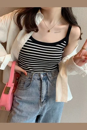 HERE&NOW Women Striped Shoulder Straps Sleeveless Top