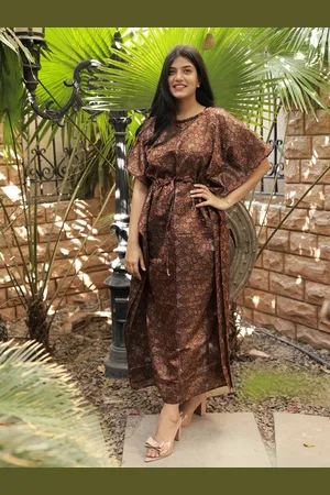 Exotic India Floral Printed Neck Tie-Ups Vintage Pure Silk Kaftan Maxi Dress with Dori