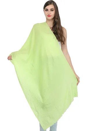 Exotic India Lettuce Green Plain Silk Wool Stole with Self Weave and Crystals