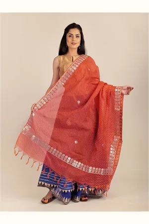 Exotic India Orangeade Traditional Leheriya Tie-Dye Kota Doria Cotton Jodhpuri Dupatta