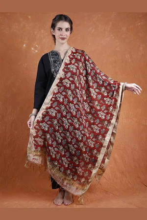 Exotic India Karanda Red Cotton Hand-Painted Makhan Chor Krishna Kalamkari Dupatta