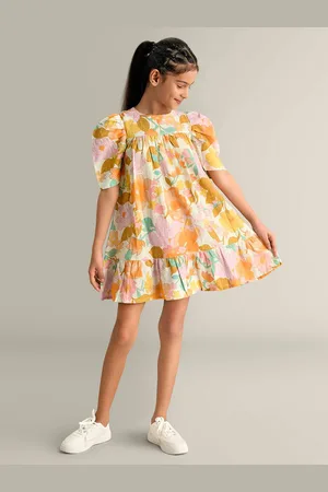 My Milestones Girls Floral Print Puff Sleeve A-Line Dress