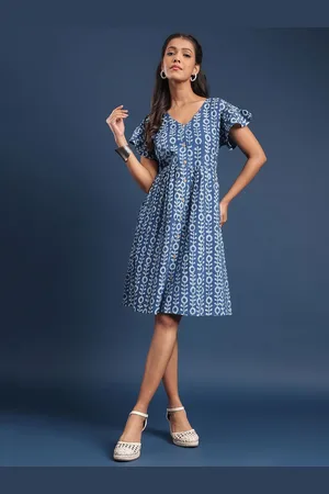 Taavi Indigo Printed Pure Cotton V Neck Dress