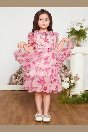 Miss & Chief Embellished Print Puff Sleeve Ruffled Net A-Line Dress
