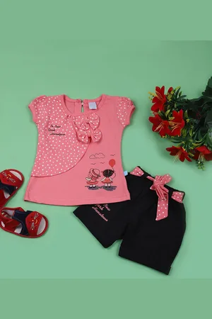 V-Mart Girls Printed Round Neck Pure Cotton Top With Shorts