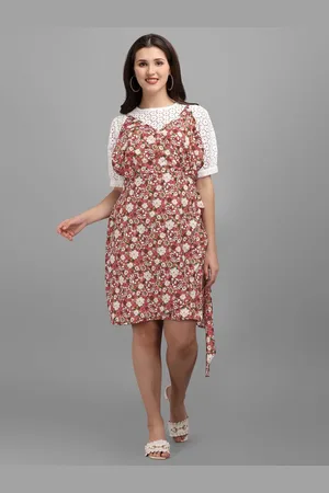 GUFRINA Women Peach-Coloured & Off-White Floral Crepe Pinafore Dress