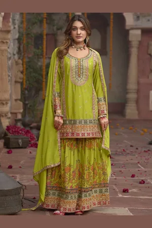 AUTUMN LANE Women Floral Embroidered Work Pure Cotton Kurta with Sharara & With Dupatta
