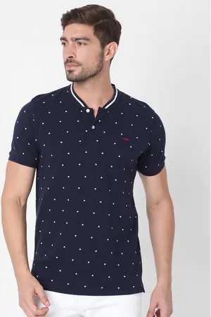 Mufti Men Navy Blue Printed Mandarin Collar Pure Cotton Slim Fit T-shirt