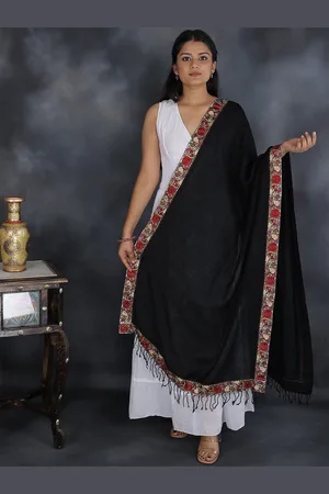 Exotic India Caviar Black Pure Wool Stole with Embroidered Floral Patch Border