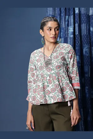 Taavi Floral Printed V-Neck Gathered or Pleated Sanganeri Folk Top