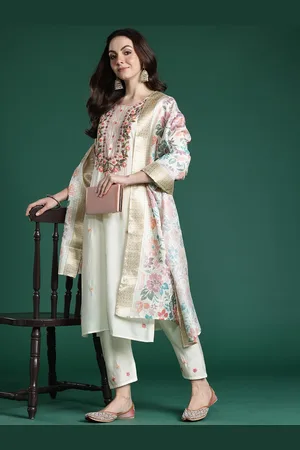 Indo Era Floral Embroidered Thread Work Kurta with Trousers & With Dupatta