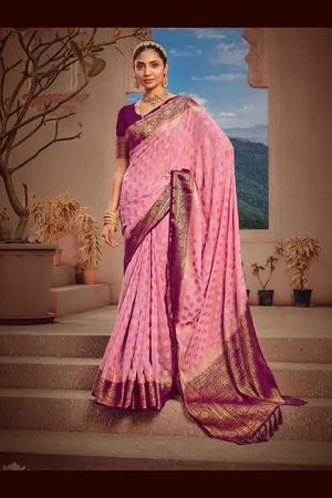 Saree mall Pink Burgundy Ethnic Motif Woven Design Poly Georgette Kanjeevaram Sarees