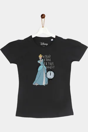 YK Girls Black Princess Cinderella Printed Round Neck T-shirt