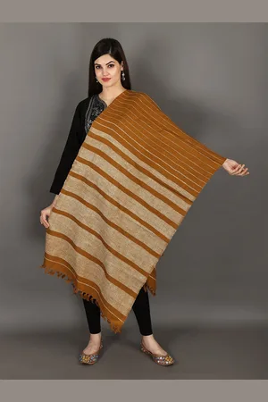 Exotic India Sudan Brown Handwoven Pure Wool Stole with Woven Stripes