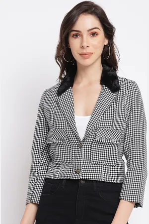 Latin Quarters Women Black White Checked Crop Tailored Jacket