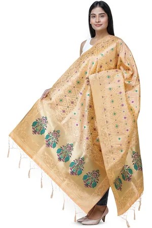Exotic India Peach Brocade Art Silk Dupatta with Birds and Geometric Motifs All-Over