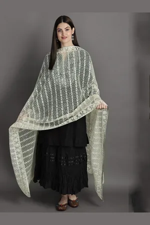 Exotic India Quite Gray Heavy Embroidered Net Dupatta with Paisleys