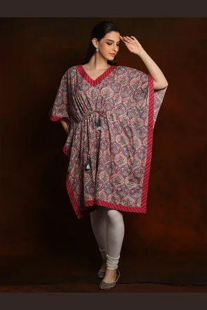 Exotic India Pure Cotton Short Kaftan with Triangle Striped Neck