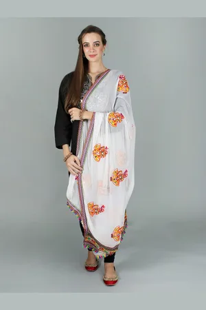Exotic India White Sequin Embroidered Dandiya Motif Phulkari Dupatta and Saori Lace Border