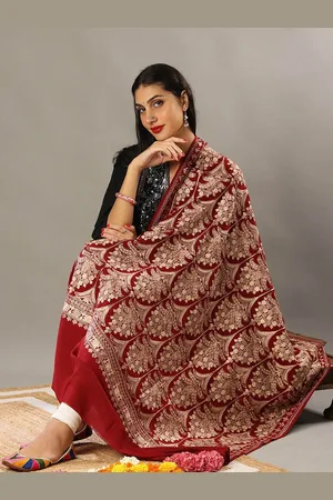 Exotic India Maroon Pure Wool Chain Stitch Aari Embroidered Mughal Motif Shawl