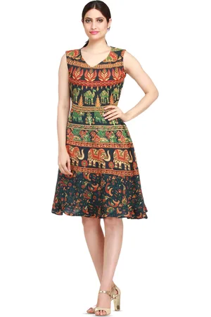 Exotic India Ponderosa Pine Elephants and Camels Printed Pure Cotton Summer Dress