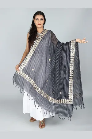 Exotic India Navy Leheria Kota Doria Extra-Wide Jodhpuri Cotton Dupatta with Gota Border
