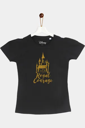 YK Girls Black Disney Princess Print Round Neck T-shirt