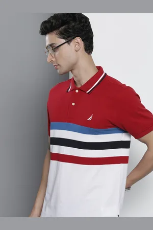 Nautica Men White & Red Colourblocked Polo Collar Pure Cotton T-shirt