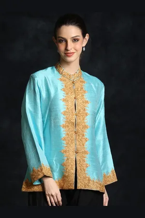 Exotic India Tropical Breeze Pure Silk Kalka Pattern Hand Aari-Embroidered Short Jacket