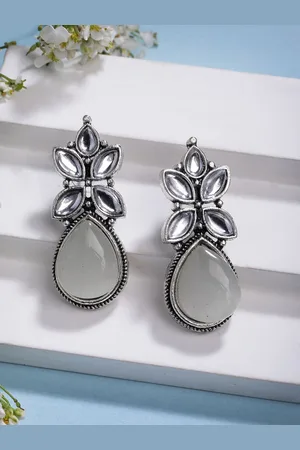 Anouk Women White Artificial Stones Silver-Plated Drop Earrings