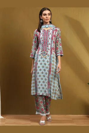 Biba Floral Printed Straight Kurta With Trouser & Dupatta