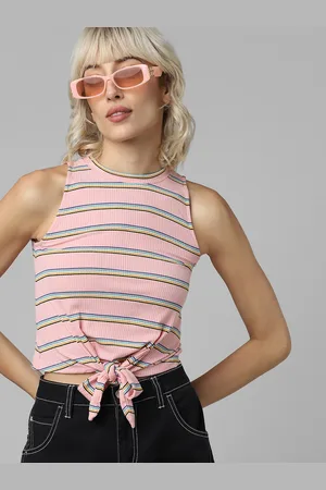 ONLY Women Pink Striped Crop T-shirt