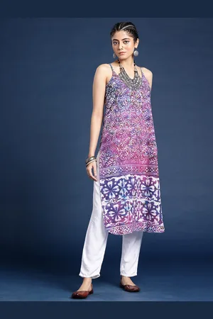 Taavi Rangeen Dabu Indie Florals Printed A-Line Pure Cotton Kurta