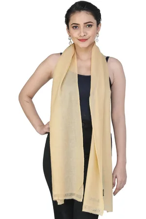 Exotic India Beige Plain Pure Cashmere Woven Scarf