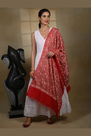 Exotic India Blood Red Pure Wool Flowers & Paisleys Aari Threadwork Kashmiri Stole