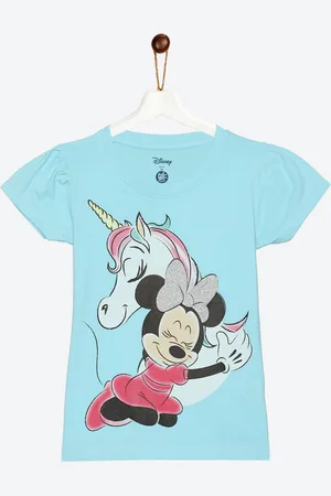 YK Girls Blue Minnie Mouse Printed Puff Sleeves Cotton T-shirt