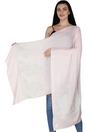 Exotic India Rose Water Pure Wool Kashmiri Stole with Zari Embroidered Paiselys on Border