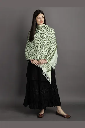 Exotic India Marshmallow Aari Embroidered Paisley Jaal by Hand Pure Wool Kahsmiri Stole