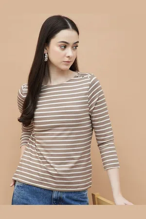Lifestyle Women Striped Drop-Shoulder Sleeves Monochrome Pockets T-shirt