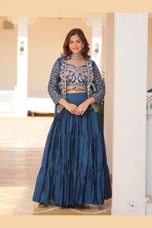 Ethnic Yard Embroidered Pure Chinon Ready to Wear Lehenga & Blouse With Dupatta & Koti