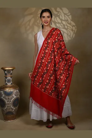 Exotic India Kashmiri Stole with Sequins Floral Garland and Motif Multicolored Threadwork
