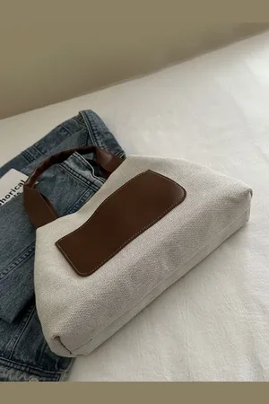 Stylecast White & Brown Textured Structured Cotton Handheld Bag