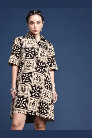 Taavi Floral Printed Shirt Collar A-line Bagru Ethnic Dress