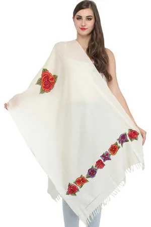 Exotic India Ivory Aari Hand-Embroidered Flowers Pure Wool Kashmiri Stole